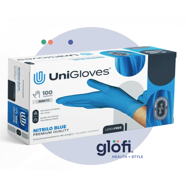 Luva Nitrilica Azul para procedimento (sem pó) - UniGloves®